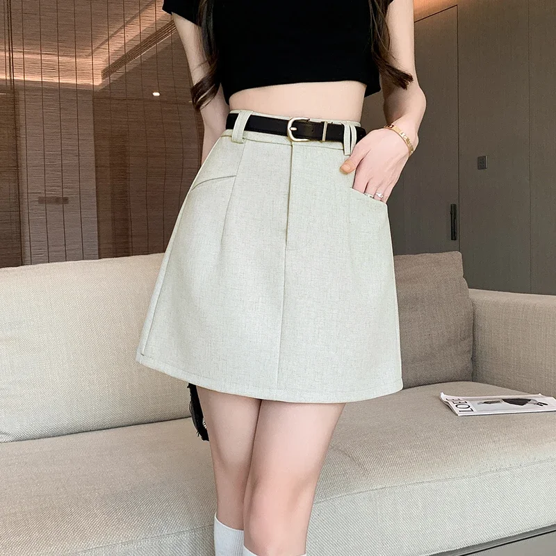 

Pop New Spring Summer Women Suit Skirts Fashion High Waist A-line Mini Skirt Ladies Solid Color Casual Short Skirts With Belt
