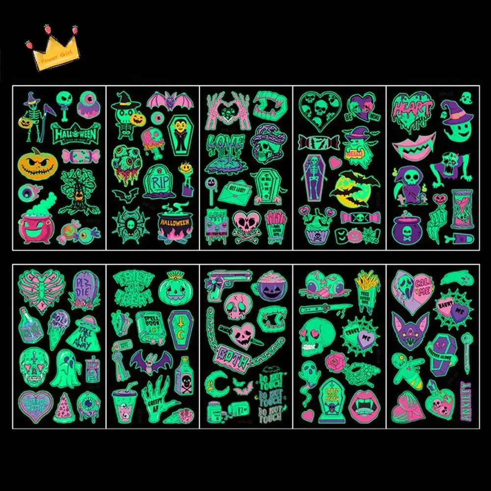 

10Pcs/Set Cartoon Luminous Night Tattoo Stickers Fake Tatoo Waterproof Children Halloween Tattoo Glow in The Dark Cute
