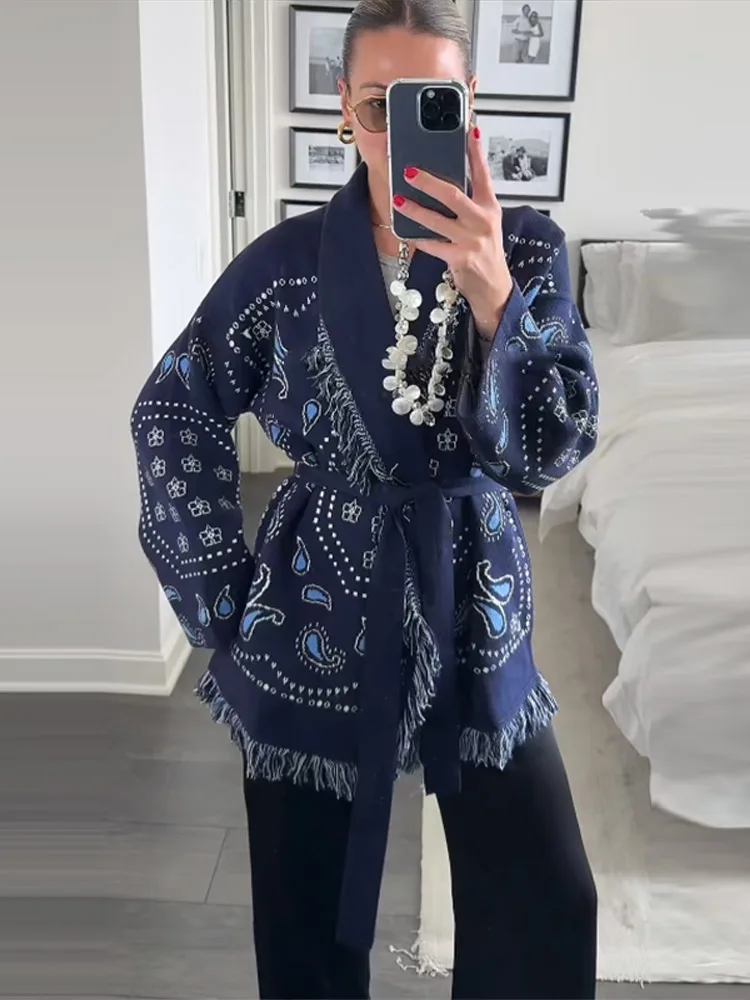 Elegant Print Tassel Cardigan Women Belt V-neck Long Sleeve Loose Knitted Sweaters Female 2026 Autumn Winter Chic Knitwears Lady