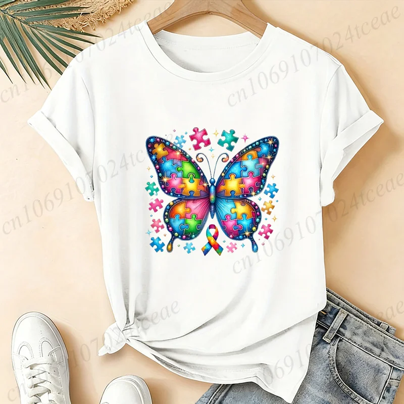 Women Autism Awareness Rainbow Butterfly Print T Shirt Autism Acceptance Butterfly Graphic T-Shirts Short Sleeve Tee Shirts Tops
