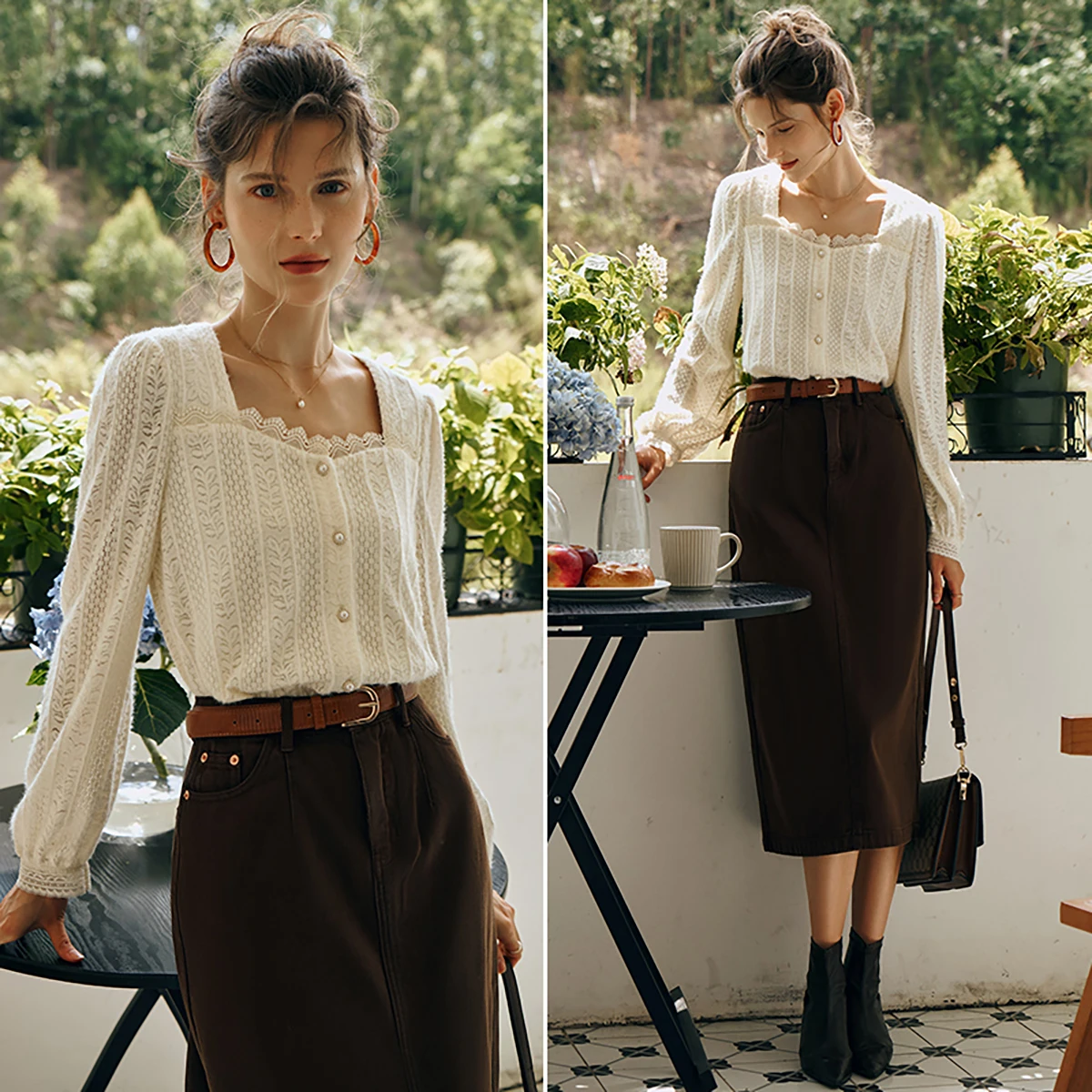 OLrain Romige Abrikoos Kant Chiffon Shirt Dames Herfst 2025, Franse Vierkante Hals Elegante Blouse Kantoor Dagelijkse Slijtage Top O57QX85513