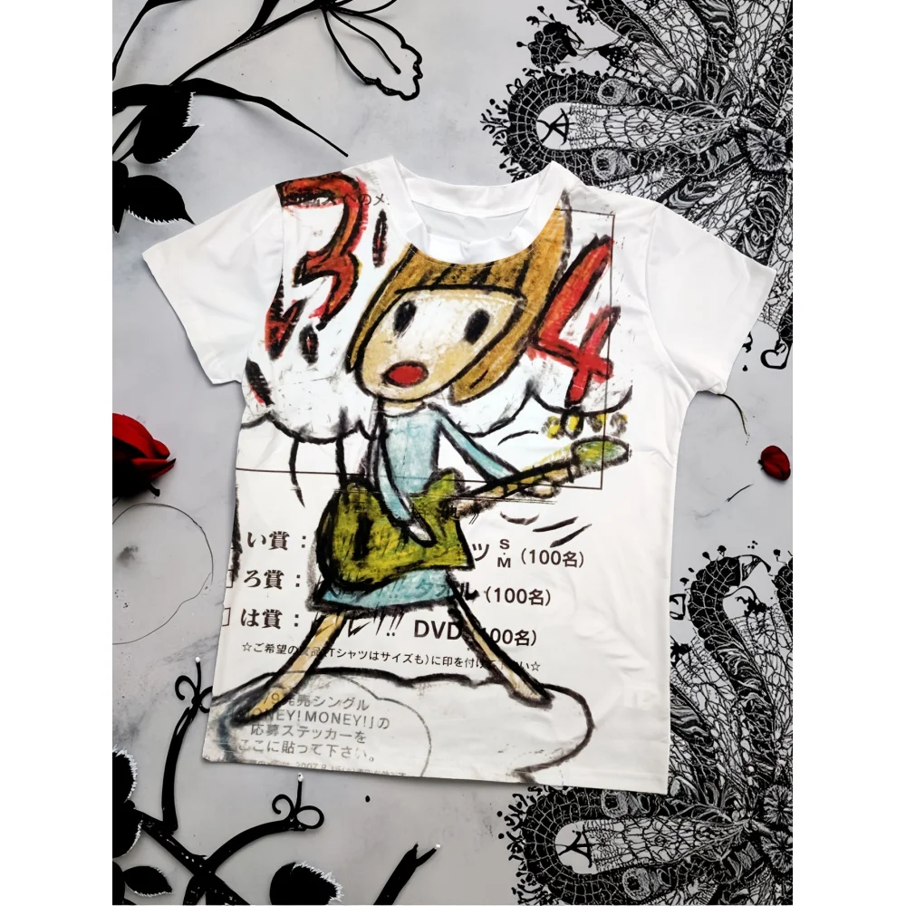Retro Y2K Aesthetic Slim Fit Short Sleeve Tee Japanese Anime Girl Playing Guitar Sketch Graphic Alt Girl Streetwear T-shirt