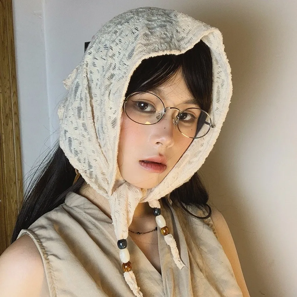 

Elegant Vintage Beads Hair Scarf Korean Y2k Lace Turban Thin Sweet Triangular Bandana Neckerchief