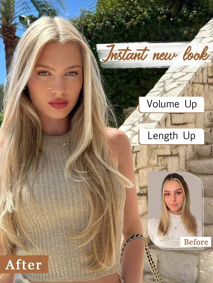 18 Inch Invisible Wire Hair Extensions, Fluffy Wavy Halo Style Extensions With 2 Adjustable Clips, Soft Transparent Lace, Natural Long Wavy Extensions, Suitable For Women - Sandy Blonde With White Highlights - view 3