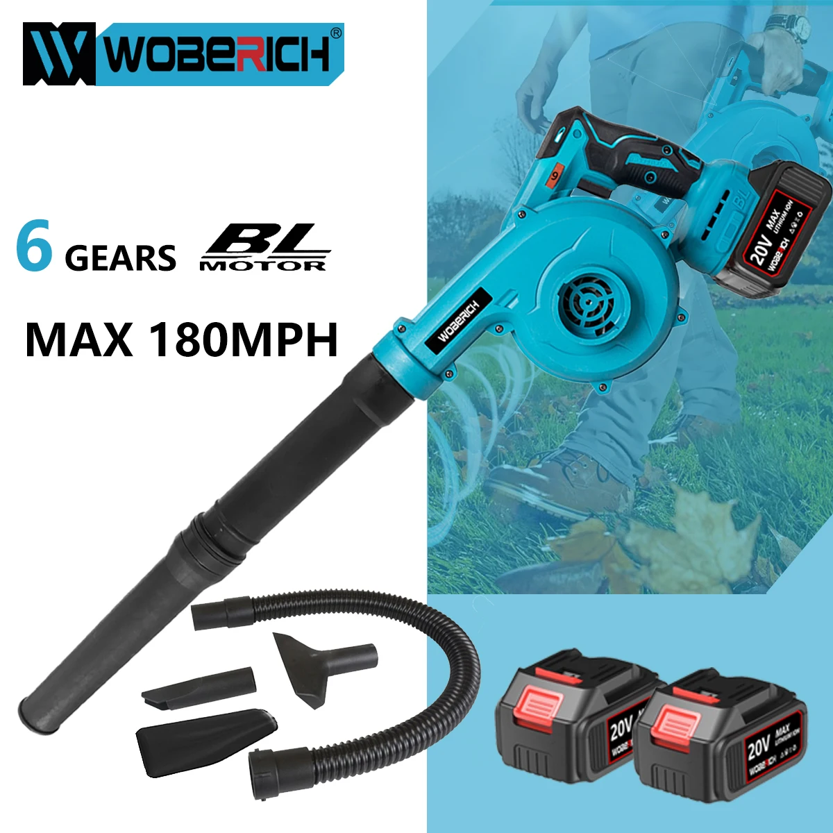 

WOBEICH Brushless Electric Blower Cordless Efficient Leaf Snow Dust Blowing Cleaning 6 Gears Power Tools For Makita 18V Battery