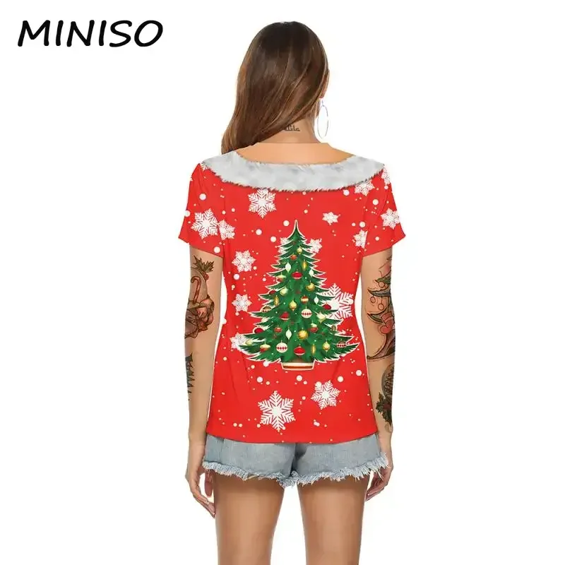 MINISO Women T-Shirts Christmas Cosplay Costume Funny Five-Pointed Star Snowflakes Print Novelty Tops Tees Sexy Female Clothing