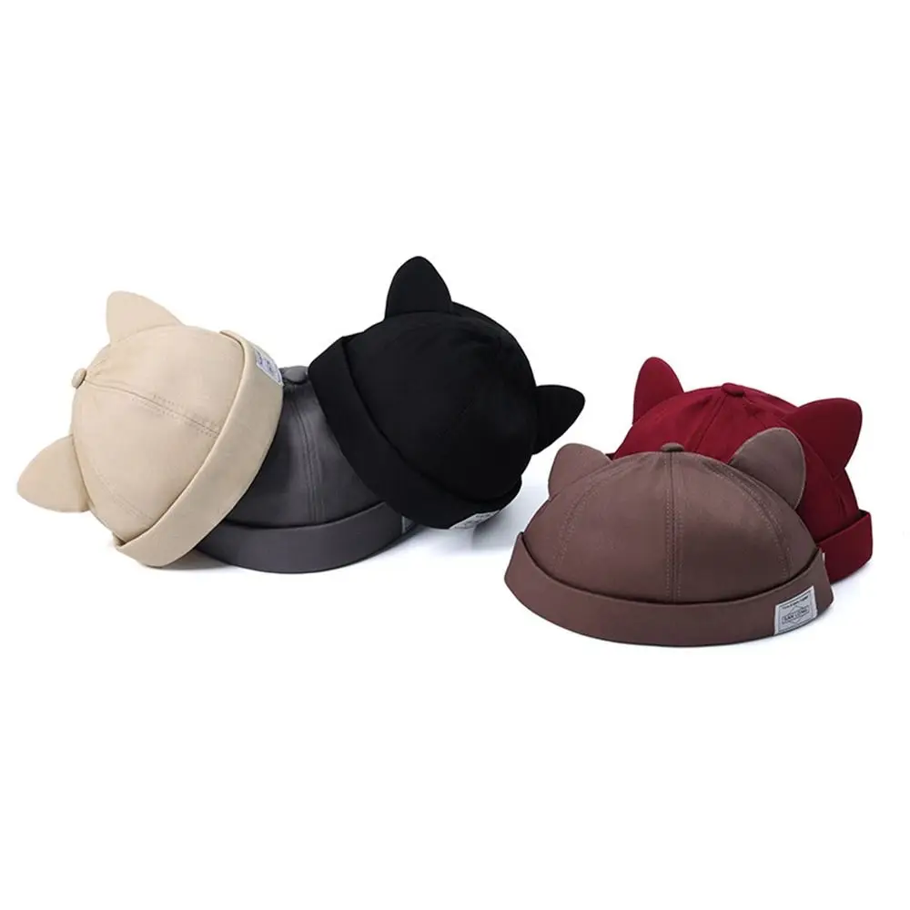 Casual Cotton Cat Ears Landlord Hat Solid Color Brimless Beanie Hat Hip Hop Adjustable Melon Skin Hat Outdoor