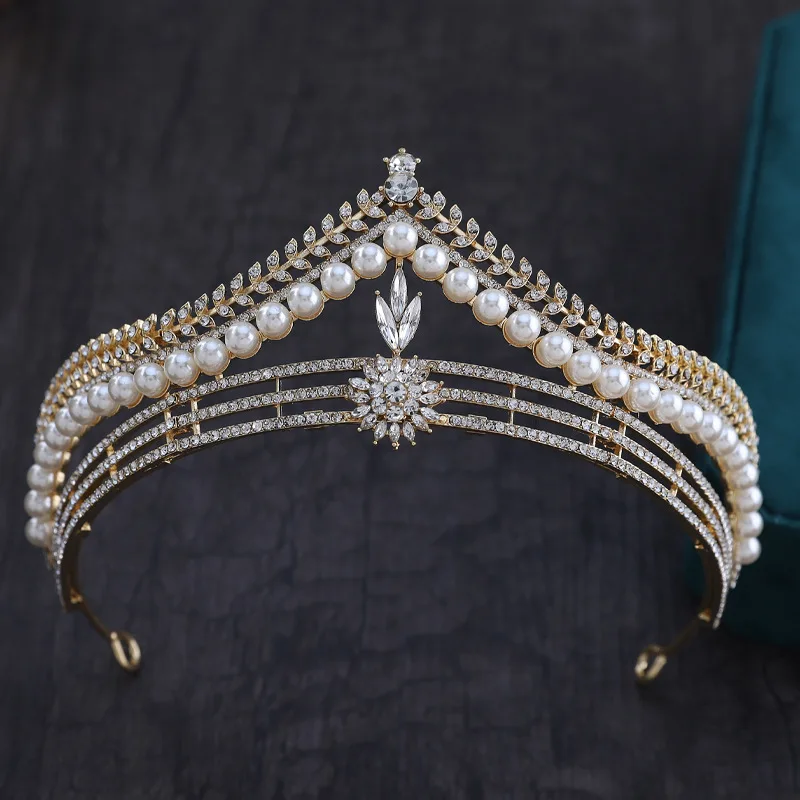 Baroque Retro Gold Color Crystal Pearl Bridal Tiaras Crown Geometric Rhinestone Pageant Diadem Headband Wedding Hair Accessories