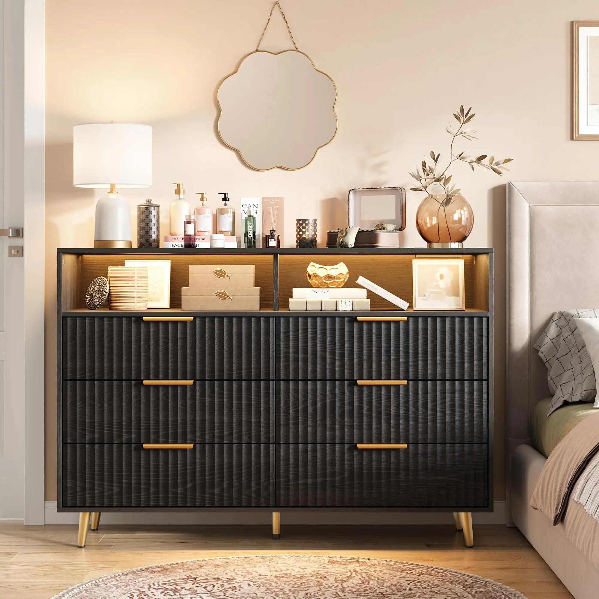 Modern Curved Fluted Wood Dresser With 6 Drawers LED Lights 