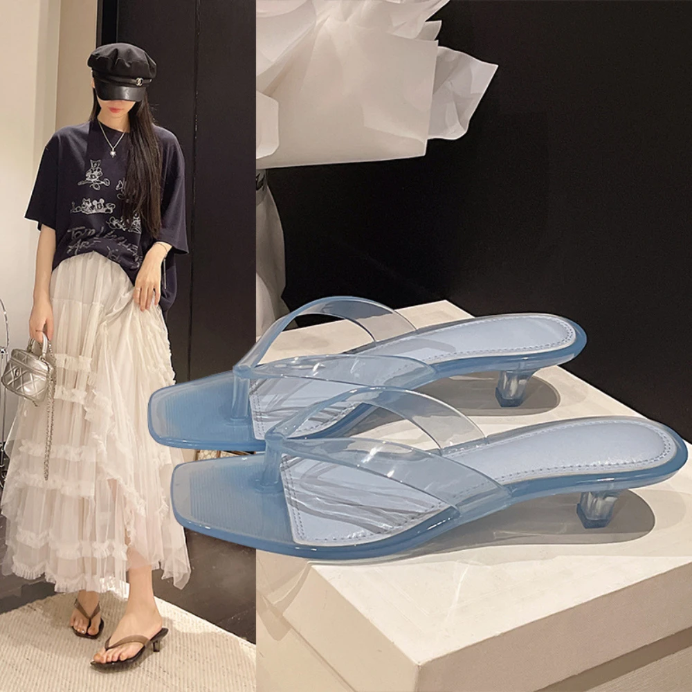Summer Outdoor Square Toe Thong High-heeled Sandals For Women Fashion Temperament Versatile Crystal Transparent PVC High Heels