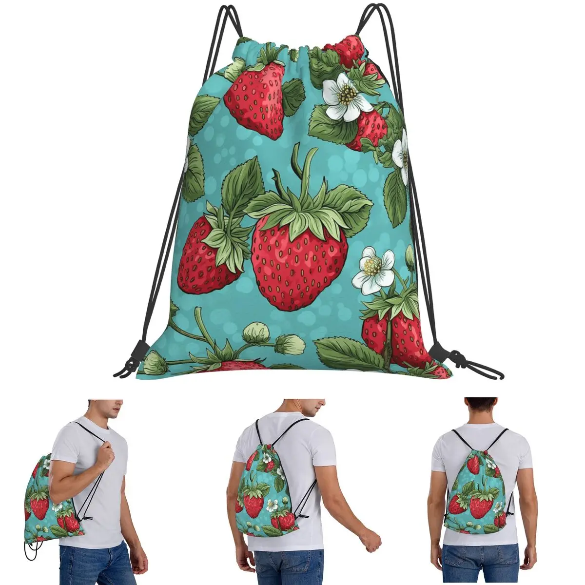 Beautiful Highly Stylized Strawberry With Flowers Pattern Backpacks Fashion Drawstring Bags Sundries Bag Book Bags Students