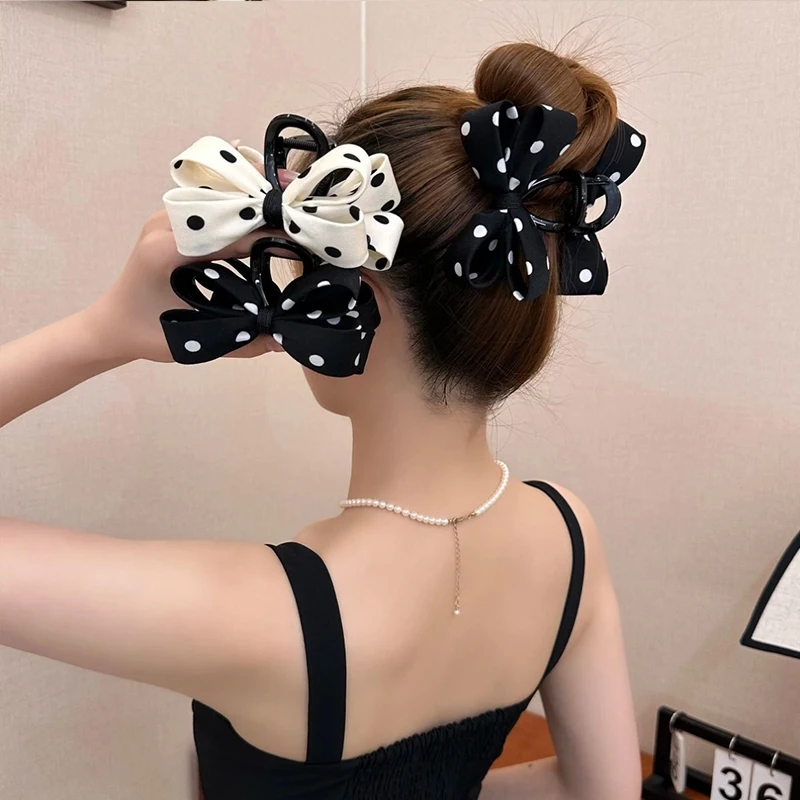 Women's Polka Dot Bow Hairpin Classic Color Elegant Shark Clip Fashion Girl Ponytail Clip