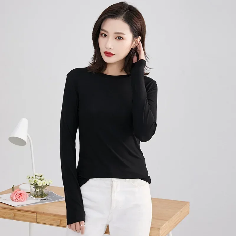 

O-neck Long Sleeve Top T-shirt Women 2025 Spring and Autumn New Women Clothing Simple Slim Solid Color Bottoming Shirt Top