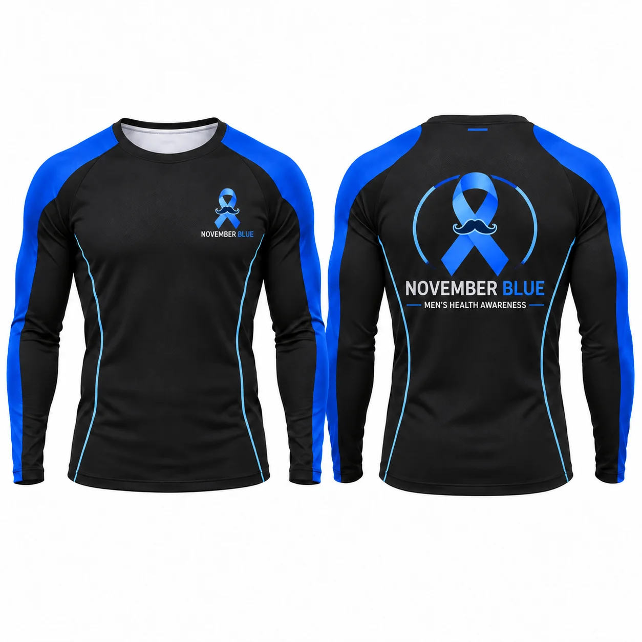 Men's Blue Ribbon Mustache Print Athletic Shirt, November Blue Health Awareness Long Sleeve Sportswear Top, Black and Blue