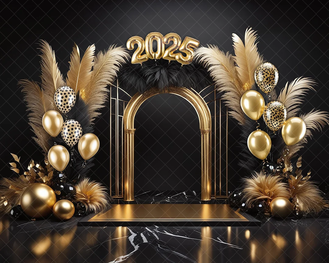 أنيقة الذهب الأسود 2025 السنة الجديدة غاتسبي بالون الخلفيات الكمبيوتر طباعة لوازم الحفلات خلفيات استوديو التصوير الفوتوغرافي