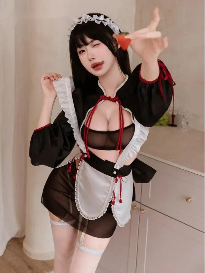 Feimu Style National nouveau charme femme de chambre uniforme maille transparente tentation sous-vêtements Sexy Sexy pur désir robe élégante haut doux 34E5