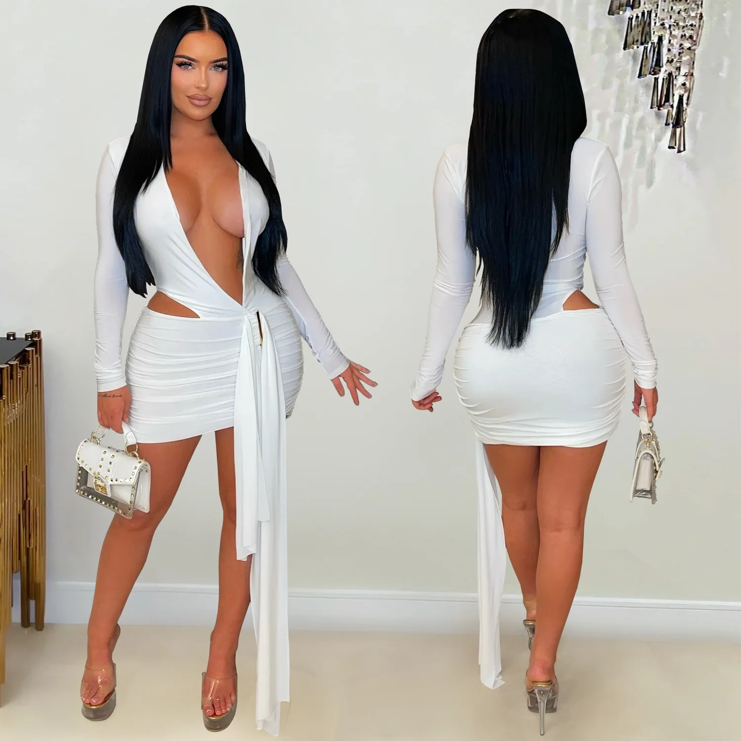 Mini abito dalla fasciatura sexy Abiti da sera da club 2025 Abiti da donna autunno inverno Abiti di lusso con scollo a V aderente Abito a pieghe da festa