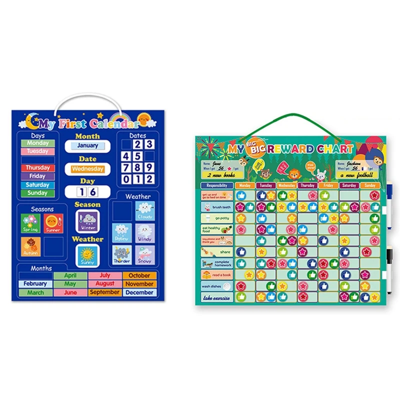 MYMF-Kids Magnetic First Calendar Time Month Date Day Season Weather Learning Chart Board & Self-Disciplined Reward Chart Toy