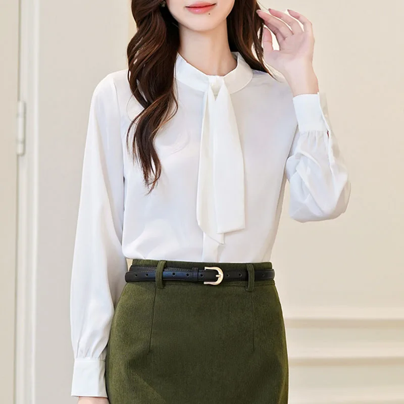 

Women Blouse Shirt New Long Sleeve Stand Collar Elegant White Lace-up Blouse Shirt Women Tops Blouses Shirts Blusas Camisas Q735