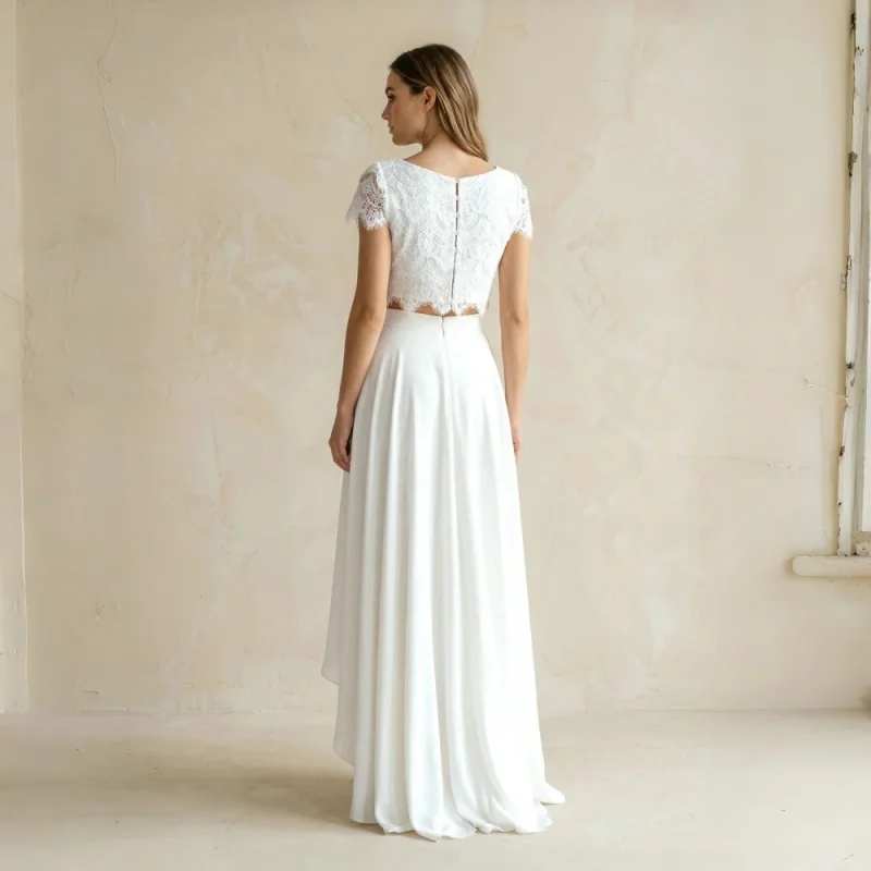 Vintage Boho Two-Piece Bateau Satin Lace Short Sleeve Wedding Dress With Pleats Sweep Train Evening Gowns Customizable