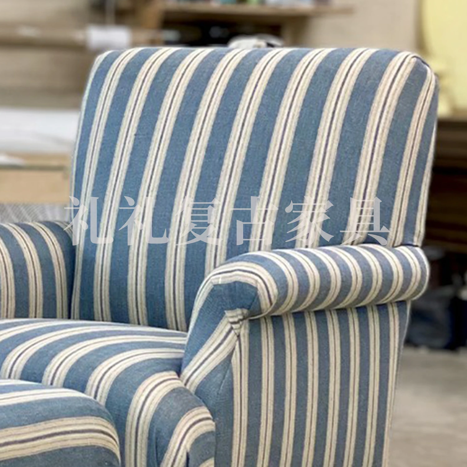 كرسي أريكة من الخشب الصلب الأمريكي القديم لغرفة المعيشة شقة صغيرة كرسي فردي مخطط فرنسي #3