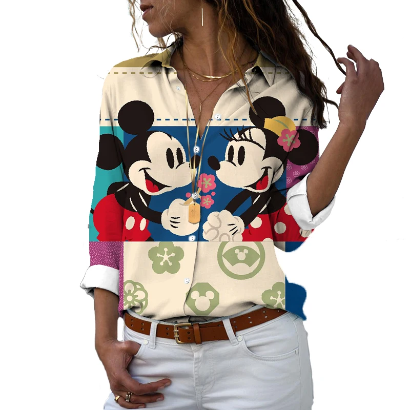 2022 Disney markalı Slim Fit 3D baskılı kadın düğme uzun kollu yaka Mickey Minnie rahat Harajuku sevimli gömlek y2k