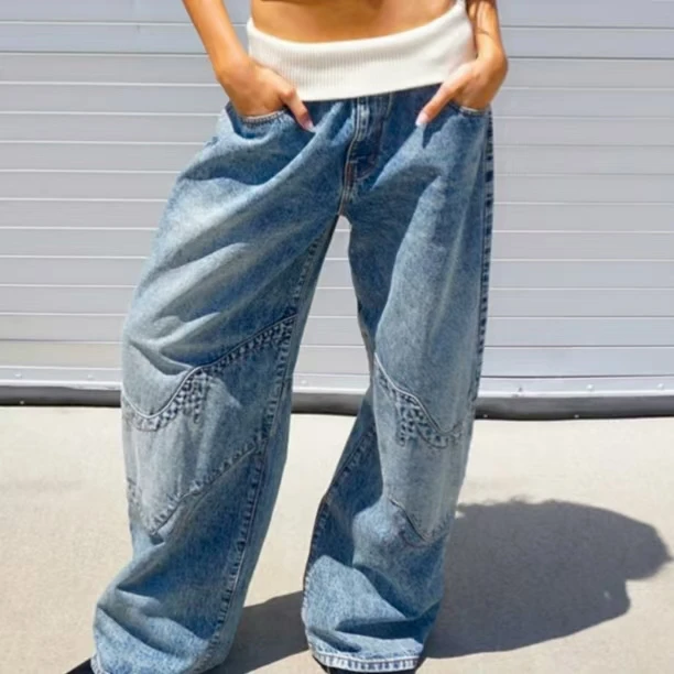 

Gothic Retro Hip-Hop Patchwork Fashion Blue Jeans Men And Women Streetwear Y2k American Low Waist Oversize Loose Wide Leg Jeans