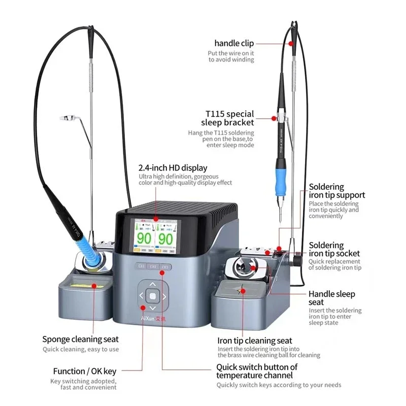 AIXUN T420D Dual Channel Smart Soldering Station Handle Iron Tips Precision Soldering PCB Chip SMD Repair  With T210 /T245 Serie