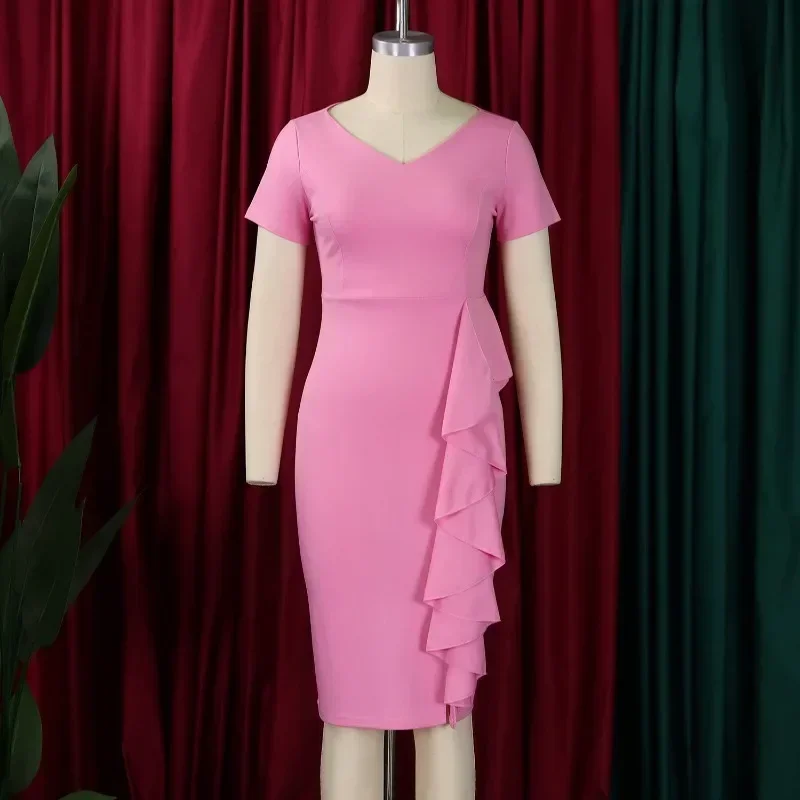 Vestidos elegantes de igreja para mulheres, bodycon V Neck, babados, mangas curtas, magros, elegantes, senhoras do escritório, desgaste do trabalho, africano, vestidos