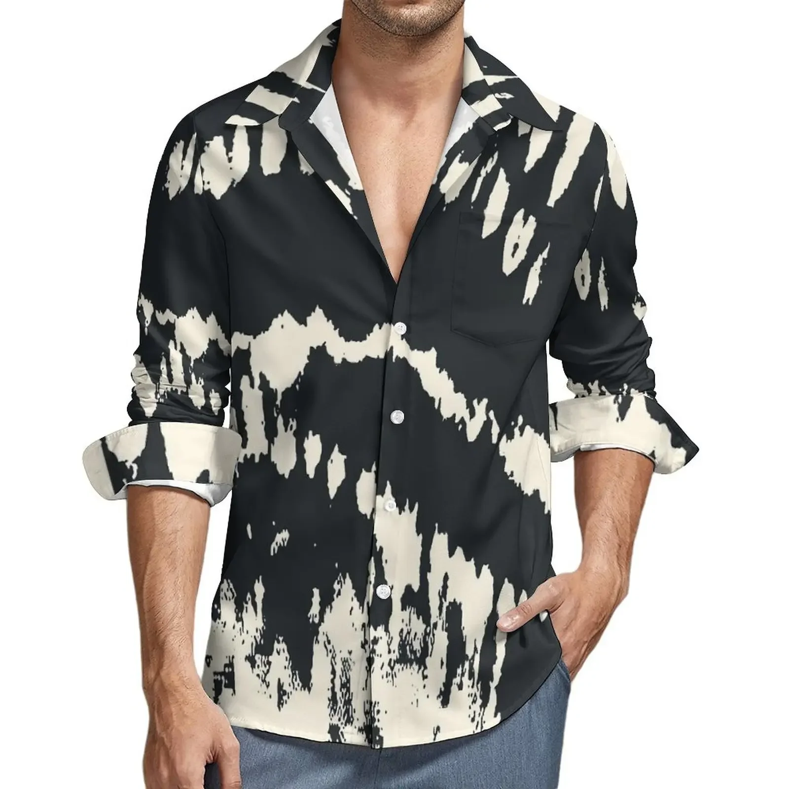 Spring Comfort Clothing  Black Tie Dye Blouses Man Cool Textured Shirt Button Lapel Long Sleeve Cool Comfortable Casual Shirts