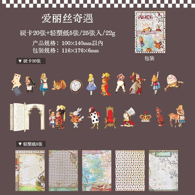 25 pcs Alice\'s theatrical theme material package double material collage ledger paper hand made Collage material
