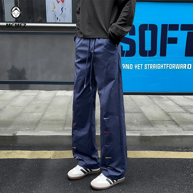 Elastic Waist Drawstring Casual Pants For Men Loose Wide Leg Cut Side Stitch Details Smooth Light Fabric For Weekend Walk