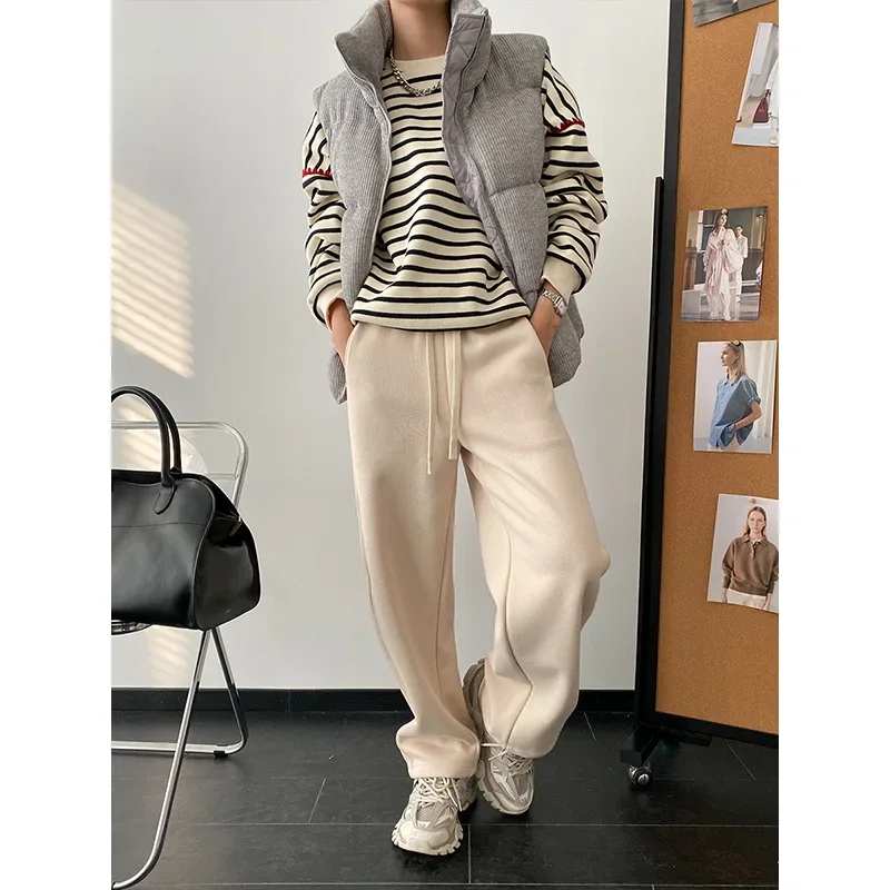 American casual style scimitar cut elastic waist drawstring wide leg velvet thickened sweatpants women pants