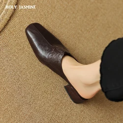 2023 Office Lady Casual Women Pumps Mules Square Toe Thick Heels Slippers Genuine Leather Sandals Shoes Woman Concise Fashion