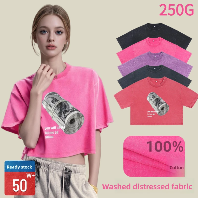 100% Cotton Washed T-Shirts For Women Loose O-Neck Crop Tops Bundle-of-Banknotes-Vintage Female Clothes Summer Short Sleeve Tees