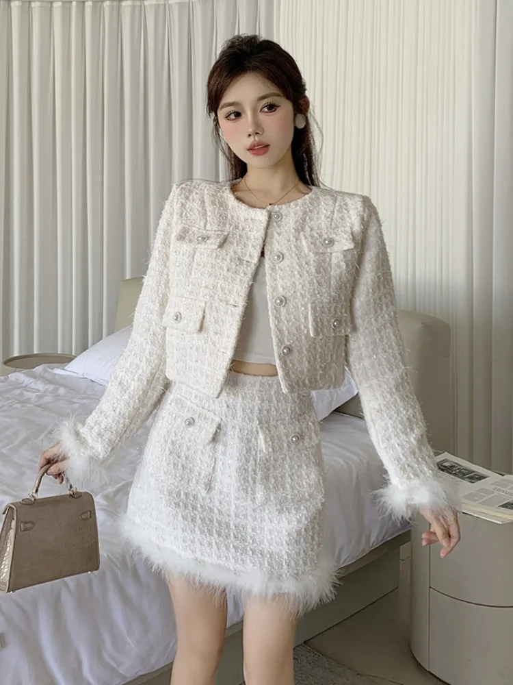 High Street Fashion Luxury Small Fragrance Two Piece Set For Women Short Jackets Coat + Skirt Suits Winter Sweet 2 Piece Sets