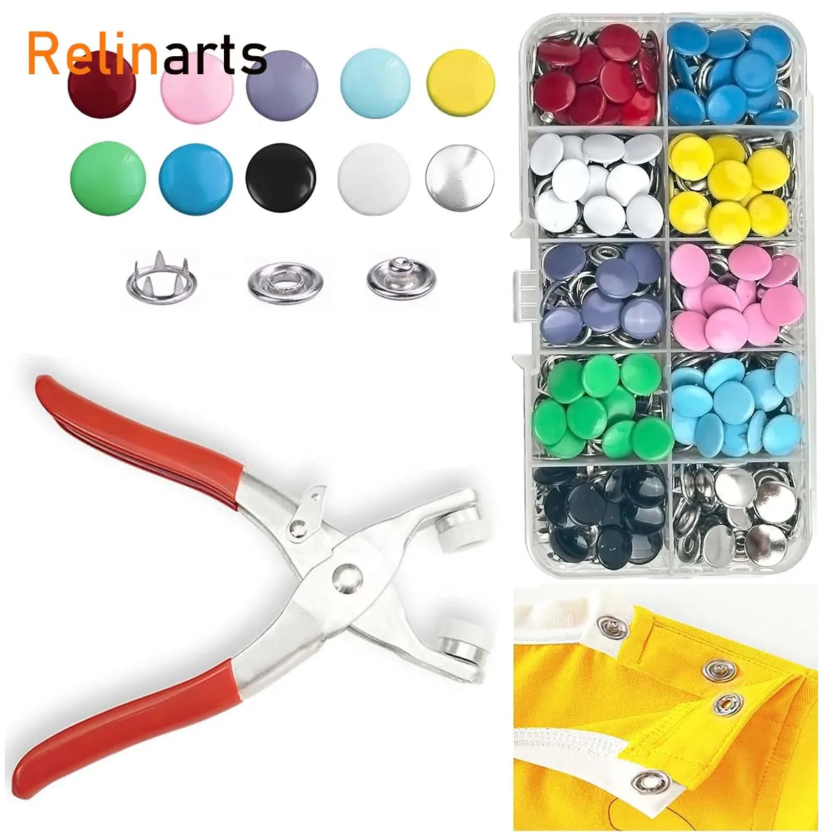 400Pcs Metal Snap Buttons Kit with Hand Press Pliers, 10 Colors No-Sew Fastener Popper Buttons for Baby Clothes Fabric Repair