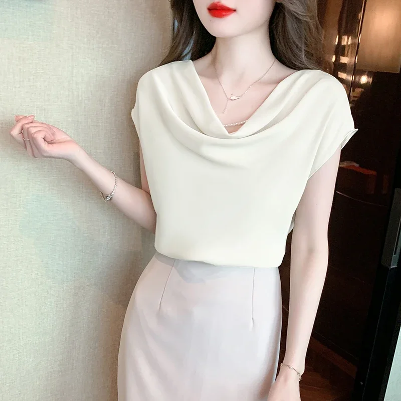 French Style Elegant Pile Collar Blouse Korean Chic Shirt for Women Summer Office Lady Short Sleeve Tops Loose Clothes 26995