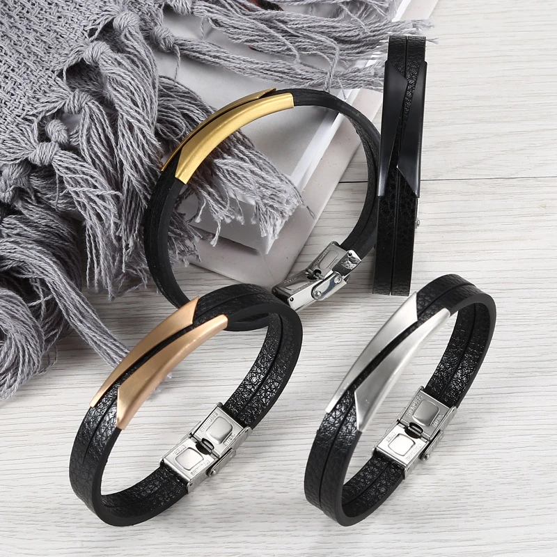Fashion Stainless Steel Geometric Matte 10mm Leather Bracelet Fashion Simple Adjustable Casual Sports Men\'s Wristband Jewelry