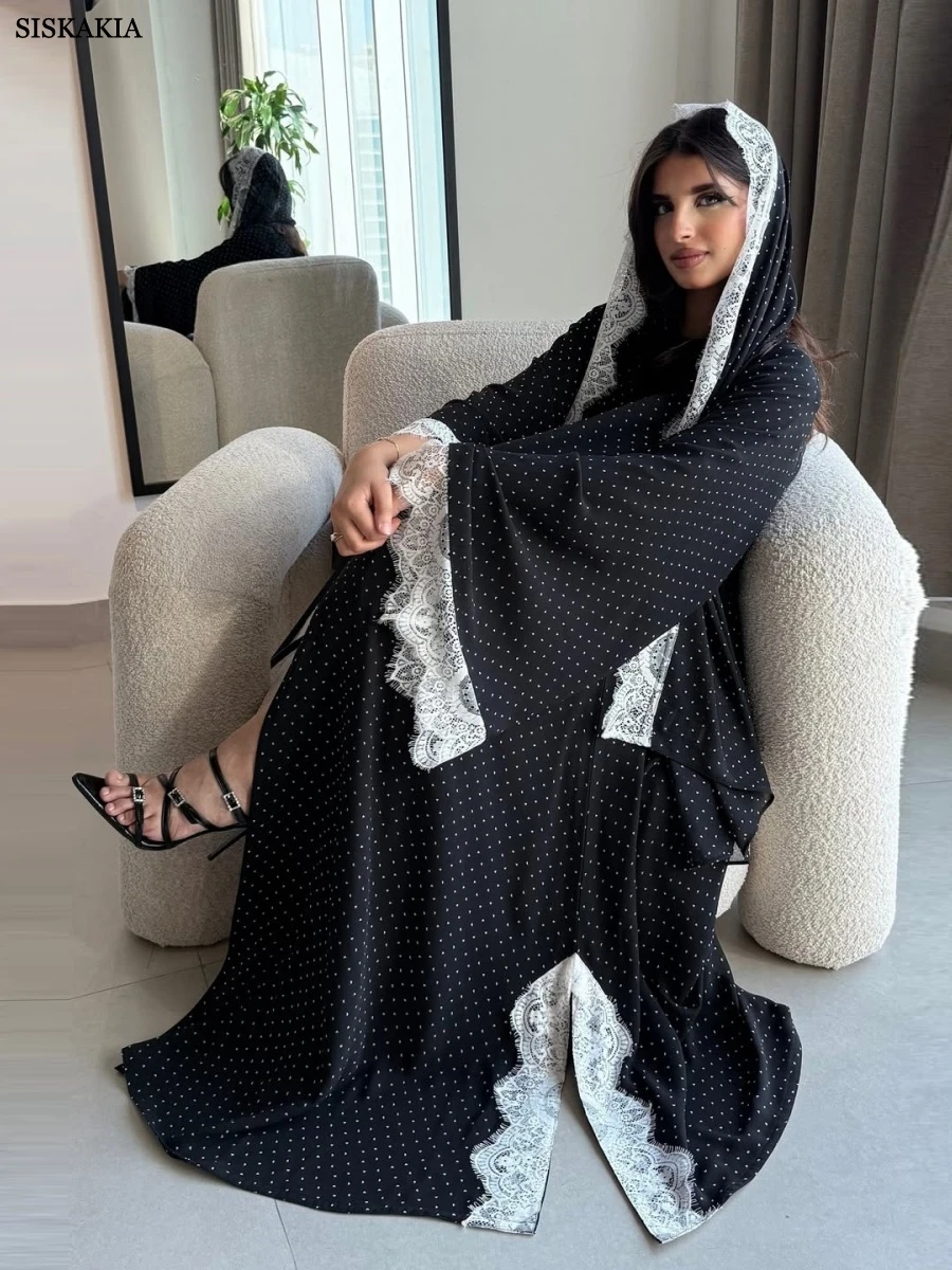 

Siskakia New Muslim Polka Dot Printing Abaya Fashion Lace Sleeve Hijab Clothing Women Open Kaftan