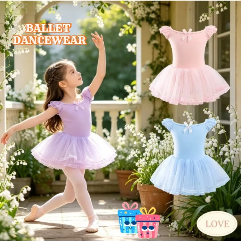 

Girls Short Sleeve Ballet Dance Dress Kids Mesh Tutu Skirt Spring Autumn Practice Costume Stage Show Ballerina Daily Dancewear