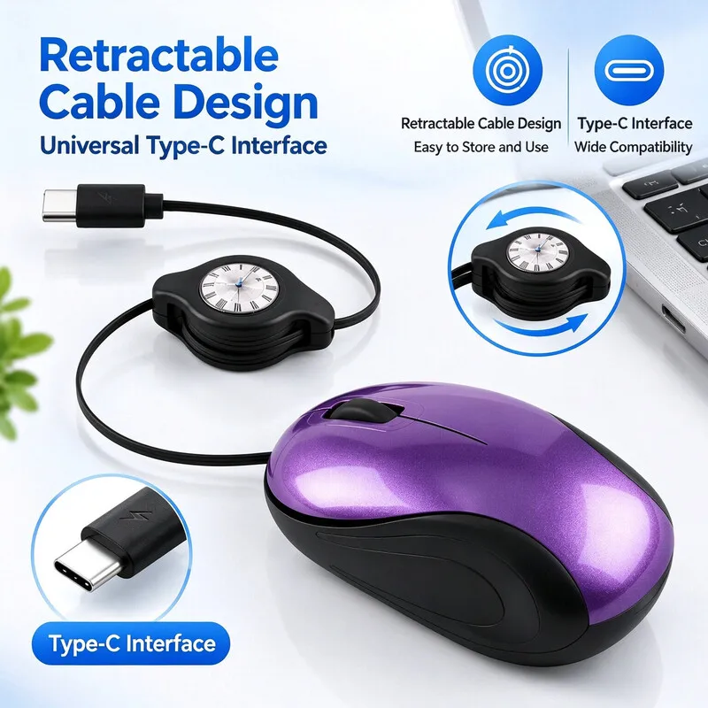 Retractable Wired Mouse 1000DPI Silent Click 70cm Retractable Cable Ergonomic Mouse For Laptop Tablet Phone Office Daily Use