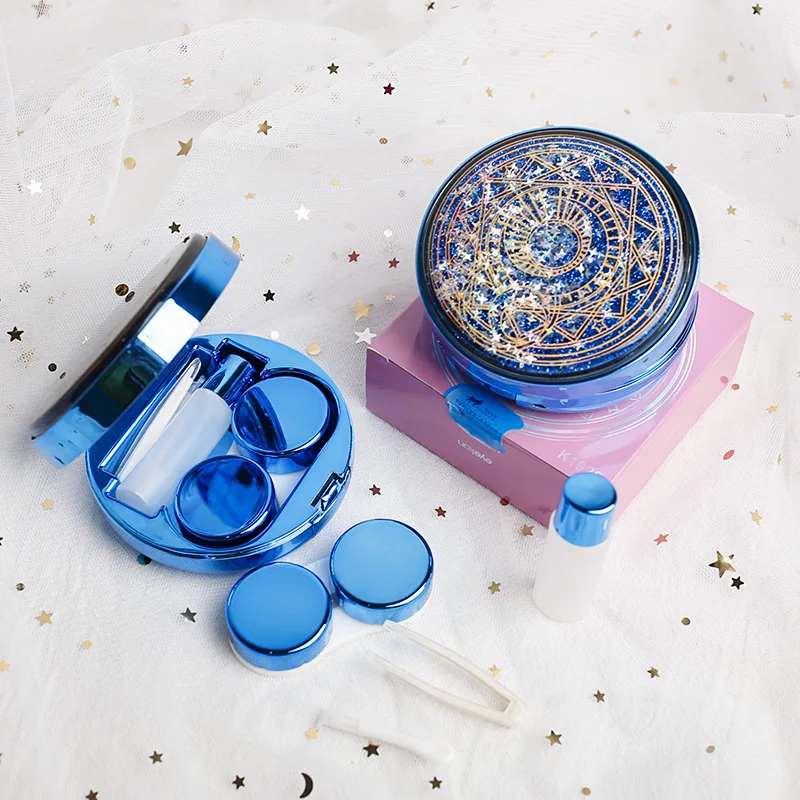 حاوية عدسات محارة على شكل نجمة رملية متدفقة مع مرآة عدسات لاصقة محمولة للنساء صندوق تخزين العدسات اللاصقة مجموعة السفر