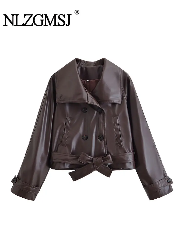 

NLZGMSJ Autumn Chic Leather Jackets Belt Buttons Coats Fashion Fall Streetwear Outwears Bomber Jackets