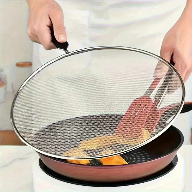 Premium Grease Splatter Screen with Handle - Fine Mesh Frying Pan Guard & Oil Filter Cover - Essential Kitchen Tool