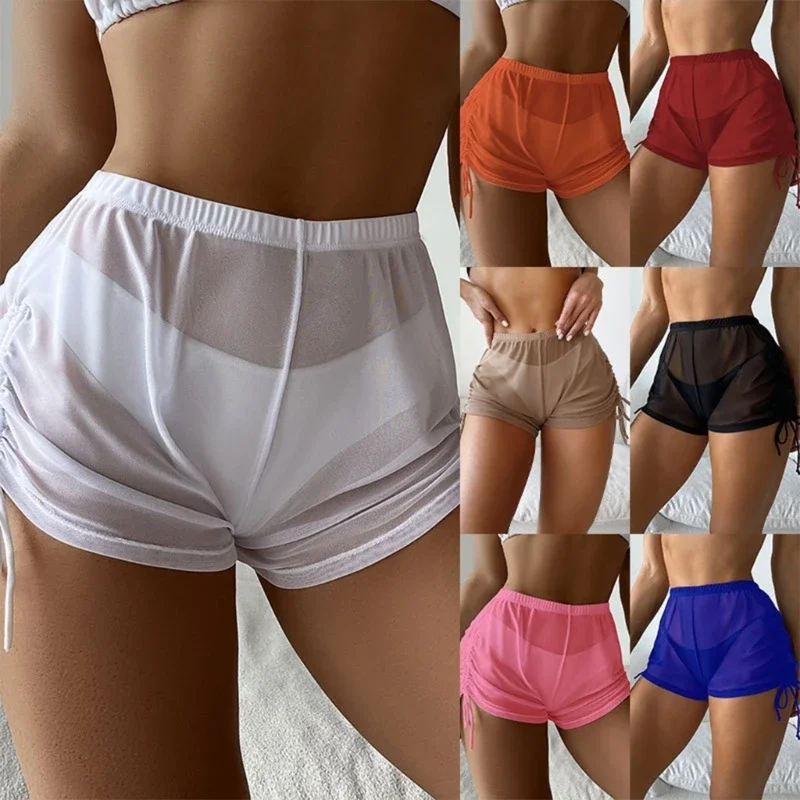 

Women Drawstring Swim Shorts Highs Waist Bikinis Bottom Solid Color Swim Bottom