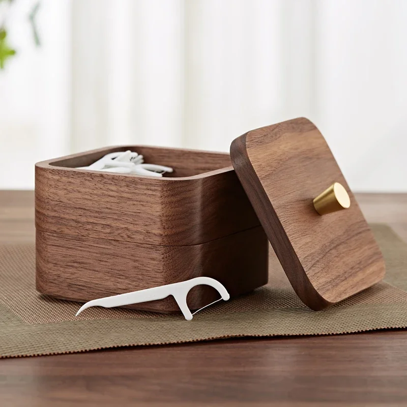 Black Walnut Wood Desktop Storage Box - Toothpick & Cotton Swab Holder, Small Jewelry Case - Dustproof, High-End Creative