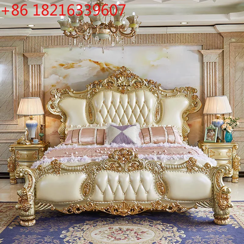 

European leather double villa high-end luxury full solid wood carved master bedroom 1.8m high-end wedding bed