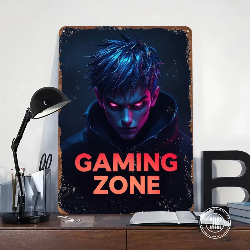 Gaming Zone Neon Gamer Portrait Tin Plaque Poster Customized Wall Art Retro Vintage Metal Signs for Man Cave Decoration Bedroom
