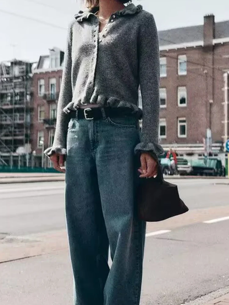 

European and American style autumn new fashion women's clothing layered decorative lapel long-sleeved knitted cardigan jacket